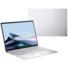 Na zdjęciu widoczny jest otwarty laptop z ekranem wyświetlającym grafikę z napisem "ASUS Zenbook" oraz zamknięta pokrywa laptopa z geometrycznym wzorem. Laptop ma srebrną klawiaturę i smukłą konstrukcję.