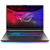 Laptop z otwartym ekranem, na którym widoczna jest grafika z napisem "ROG STRIX" oraz logo. Klawiatura podświetlona jest w kolorach tęczy.