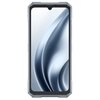 Na zdjęciu widoczny jest srebrny smartfon z dużym ekranem, na którym wyświetlany jest abstrakcyjny wzór w odcieniach szarości. Obudowa urządzenia ma wyraźnie zaznaczone krawędzie, a na górze ekranu znajduje się niewielkie wcięcie na kamerę.
