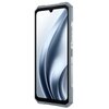 Srebrny smartfon z dużym ekranem, na którym widoczna jest abstrakcyjna grafika w odcieniach szarości. Na bocznej krawędzi urządzenia znajdują się przyciski.
