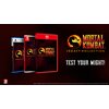Na zdjęciu widoczne są trzy pudełka z grą "Mortal Kombat: Legacy Kollection" na różne platformy, z logo gry przedstawiającym smoka na tle ognia. Obok znajduje się napis "TEST YOUR MIGHT!" oraz informacja o ograniczeniu wiekowym 18+.