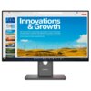 Monitor wyświetla prezentację z tytułem "Innovations & Growth" na tle krajobrazu z turbinami wiatrowymi, a poniżej znajduje się tekst o postępach w magazynowaniu energii i integracji sieci. Na obudowie monitora widoczne jest logo "Lenovo".