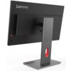 Czarny monitor z logo "Lenovo" na tylnej obudowie, zamontowany na szarej podstawie z czerwonym akcentem. Monitor posiada prostokątną podstawę z otworem w pionowym wsporniku.