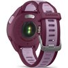 Fioletowy zegarek sportowy z widocznym napisem "GARMIN" na pasku oraz oznaczeniem "FORERUNNER 165" na obudowie. Na odwrocie zegarka znajdują się numery "123456789" i "A12345", a także napis "Quick Release 20".