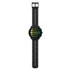 Czarny smartwatch z okrągłym wyświetlaczem, na którym widoczne są opcje aktywności: "Mountain biking", "Track running", "Trail running", "Gravel cycling", "Pool swimming". Pasek zegarka ma perforacje na całej długości.