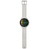 Szary smartwatch z okrągłym wyświetlaczem, na którym widoczne są opcje aktywności: "Mountain biking", "Track running", "Trail running", "Gravel cycling", "Pool swimming". Pasek zegarka ma regularne otwory na całej długości.
