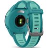 Turkusowy zegarek sportowy z napisem "GARMIN" na pasku i oznaczeniem "FORERUNNER 165" na obudowie. Widoczny jest czujnik z zielonym światłem oraz numer seryjny "123456789 A12345".