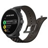 Czarny smartwatch z okrągłym wyświetlaczem pokazuje tryby baterii: "Performance 55 hours", "Endurance 65 hours", "Ultra 90 hours". Pasek zegarka jest perforowany, a na obudowie widoczny jest przycisk.