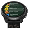 Czarny smartwatch z widocznym logo "SUUNTO" na obudowie, wyświetlający listę aktywności: "Mountain biking Enduro", "Track running Basic", "Trail running Mountain", "Gravel cycling Power", "Pool swimming Basic". Wyświetlacz ma kolorowe ikony obok każdej ak