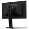 Czarny monitor z widocznym tyłem i podstawą, na której znajduje się napis "GIGABYTE". Monitor ma nowoczesny design z geometrycznymi kształtami i subtelnymi akcentami kolorystycznymi.
