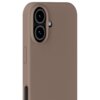 Jasnobrązowe etui silikonowe z wycięciem na dwa obiektywy aparatu i przycisk boczny. Produkt ma gładką powierzchnię i jest przeznaczony do telefonu Apple iPhone 17.