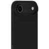Czarne silikonowe etui na telefon z widocznym wycięciem na aparat i lampę błyskową. Produkt ma gładką powierzchnię i otwory na przyciski boczne.