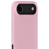 Różowe etui silikonowe na telefon z widocznym wycięciem na aparat i lampę błyskową. Na bocznej krawędzi znajduje się przycisk.