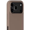 Jasnobrązowe etui silikonowe na telefon z trzema widocznymi otworami na aparaty oraz dodatkowymi otworami na lampę błyskową i mikrofon. Na boku etui znajduje się przycisk.