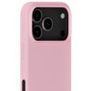 Różowe etui silikonowe na telefon z trzema widocznymi otworami na obiektywy aparatu oraz otworem na lampę błyskową. Etui ma gładką powierzchnię i wycięcia na przyciski boczne.