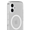 Przezroczyste etui na telefon z widocznym logo w kształcie nadgryzionego jabłka oraz okrągłym wzorem na środku. Etui posiada wycięcia na dwa obiektywy aparatu i przyciski boczne.