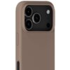 Jasnobrązowe etui silikonowe na telefon z trzema widocznymi otworami na aparaty oraz dodatkowymi otworami na lampę błyskową i mikrofon. Na boku etui znajduje się przycisk.