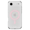 Przezroczyste etui na telefon z różowym okręgiem MagSafe, widoczne logo w kształcie jabłka oraz napis "holdit" na dole. Etui jest dopasowane do telefonu z jednym dużym obiektywem aparatu i mniejszym otworem na lampę błyskową.