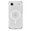 Przezroczyste etui na telefon z widocznym logo Apple i oznaczeniem MagSafe, na dole napis "holdit". Etui jest dopasowane do kształtu telefonu z wycięciami na aparat i lampę błyskową.