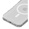 Przezroczyste etui na telefon z widocznym logo "holdit" oraz okrągłym wzorem na środku, przypominającym symbol MagSafe. Etui ma wycięcie na port ładowania.