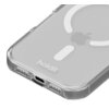 Przezroczyste etui z widocznym logo "holdit" oraz symbolem MagSafe, przeznaczone do telefonu Apple iPhone. Etui posiada wycięcia na porty i głośniki.