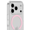 Przezroczyste etui na telefon z różowym pierścieniem MagSafe, widoczne są trzy otwory na aparaty oraz logo w kształcie jabłka.