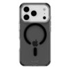 Przezroczyste etui na telefon z czarnym wzorem w kształcie okręgu i logo jabłka, z widocznym napisem "holdit" na dole. Etui jest dopasowane do modelu telefonu z trzema obiektywami aparatu i lampą błyskową.