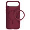 Czerwone etui na telefon z okrągłym wycięciem na aparat i wytłoczonym symbolem recyklingu. Na etui widoczny jest tekst: "Bring me when changing to a new phone" oraz "holdit".