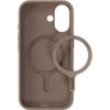 Jasnobrązowe etui na telefon z okrągłym wycięciem na aparat i otworem na logo, z widocznym symbolem recyklingu oraz napisem "Bring me when changing to a new phone" na okrągłym uchwycie. Na uchwycie znajduje się również logo "holdit".