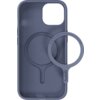 Niebieskie etui na telefon z okrągłym wycięciem na aparat i oznaczeniem recyklingu, z napisem na pierścieniu: "Bring me when changing to a new phone" oraz logo "holdit".