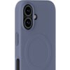 Niebieskie etui HOLDIT Soft MagSafe do Apple iPhone 16 z widocznymi wycięciami na aparat i przyciski. Na powierzchni etui znajduje się okrągły wzór charakterystyczny dla funkcji MagSafe.