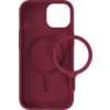 Czerwone etui na telefon z okrągłym wycięciem na aparat i wytłoczonym symbolem recyklingu, posiada napis "Bring me when changing to a new phone" na okrągłym elemencie oraz logo "holdit".