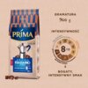 Opakowanie kawy ziarnistej z napisem "PRIMA Aroma Italiano" oraz grafiką kawiarki, z informacją o intensywności 8/10 i gramaturze 900 g. Obok znajduje się diagram intensywności z opisem "Bogaty, intensywny smak".