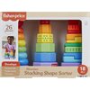 Opakowanie zabawki edukacyjnej z kolorowymi, drewnianymi klockami do układania w piramidki, zawiera 26 elementów. Na opakowaniu widnieje logo "fisher-price" oraz napis "Wooden Stacking Shape Sorter", a także informacja o rozwijaniu umiejętności motoryczny