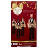 Czerwone opakowanie z dużą złotą kokardą i napisem "Holiday Ken 2025" oraz czterema lalkami w złotych smokingach z czarnymi klapami. Na dole widoczne są logotypy "Mattel" i "Barbie".
