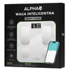 Czarny karton z napisem "ALPHA WAGA INTELIGENTNA SMART SCALE" zawiera zdjęcie wagi łazienkowej z wyświetlaczem pokazującym "63.0 kg" oraz grafikę smartfona z aplikacją. Na opakowaniu znajdują się ikony i teksty: "ZAawansowana analiza składu ciała", "Intui