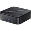 Czarny komputer Blackview z widocznymi portami: audio, dwa USB, Type-C oraz przyciskiem zasilania. Na górnej powierzchni znajduje się logo "Blackview" oraz wzór graficzny.