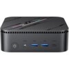 Czarny komputer z logo "Blackview" na górze obudowy, posiadający przyciski i porty oznaczone jako AUDIO, USB, USB, TYPE-C oraz przycisk zasilania. Na górnej powierzchni widoczny jest kolorowy wzór oraz napis "Model: Blackview".