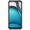 Smartfon z wyświetlaczem o przekątnej 6.1 cala, otoczony solidną, czarną obudową, z widocznym zielonym przyciskiem na boku. Ekran prezentuje abstrakcyjną grafikę w odcieniach niebieskiego i srebrnego.