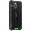 Smartfon w kolorze czarnym z zielonymi akcentami, posiada trzy obiektywy aparatu oraz logo "Blackview" na tylnej obudowie. Na boku urządzenia widoczny jest napis "WATERPROOF".