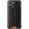 Czarny smartfon z pomarańczowymi akcentami, widoczny od tyłu, z trzema obiektywami aparatu i logo "Blackview" na środku obudowy. Obudowa ma wyraźne, geometryczne kształty i wzmocnione narożniki.