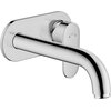 Chromowana bateria umywalkowa podtynkowa o nowoczesnym designie, z widocznym logo "hansgrohe" oraz oznaczeniami temperatury wody: niebieską i czerwoną kropką. Produkt ma gładką, lśniącą powierzchnię i zaokrąglone krawędzie.