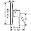 Schemat techniczny przedstawia wymiary baterii prysznicowej, z oznaczeniami: średnica 150 mm, średnica 44 mm, odległość 15 mm, zakres 64-92 mm, zakres 96-124 mm, wysokość 83 mm. Linie przerywane wskazują możliwy zakres ruchu elementu.
