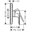 Schemat techniczny przedstawia wymiary baterii prysznicowej, z oznaczeniami: średnica 150 mm, średnica 44 mm, odległość 15 mm, wysokość 100 mm, zakresy 65-93 mm i 94-122 mm. Produkt to "Bateria prysznicowa HANSGROHE Rebris S 72667000 Chrom".