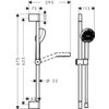 Schemat techniczny przedstawia zestaw prysznicowy z wymiarami: wysokość 670 mm, szerokość 295 mm, średnica 22 mm, oraz odległościami 73 mm, 50 mm, 113 mm i 63 mm. Widoczne są elementy takie jak uchwyt, słuchawka prysznicowa i drążek.