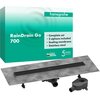 Pudełko z napisem "hansgrohe RainDrain Go 700" zawiera informacje: "Complete set, 2 siphons included, Sealing membrane, Stainless steel", oraz oznaczenia "Premium German Brand" i "5 Years Warranty". Przed pudełkiem znajduje się odpływ liniowy z dwoma syfonami.