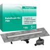 Zielone opakowanie z białym napisem "hansgrohe RainDrain Go 700" oraz informacjami: "Complete set, 2 siphons included, Sealing membrane, Stainless steel". Na dole widoczny jest odpływ liniowy z elementami montażowymi, a także logo "Premium German Brand" i