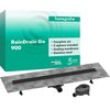 Pudełko z napisem "hansgrohe RainDrain Go 900" zawiera informacje: "Complete set, 2 siphons included, Sealing membrane, Stainless steel" oraz "PREMIUM GERMAN BRAND" i "5 YEARS WARRANTY". Przed pudełkiem znajduje się odpływ liniowy z widocznymi elementami montażowymi.