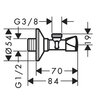 Na ilustracji znajduje się schemat techniczny zaworu kątowego z oznaczeniami wymiarów: G3/8, Ø54, G1/2, 70, 84, 19. Schemat przedstawia szczegóły konstrukcyjne zaworu, w tym jego kształt i proporcje.