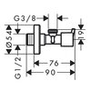 Schemat techniczny zaworu kątowego z oznaczeniami wymiarów: G3/8, Ø54, G1/2, 76, 90, 19. Diagram przedstawia szczegółowe wymiary i kształt elementu.